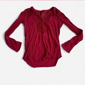Lucky Brand Burgundy Lace Accent Long Sleeve Top